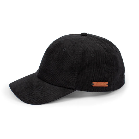 Japanese Style Cord Baseball Cap with Wooden Detail - Black