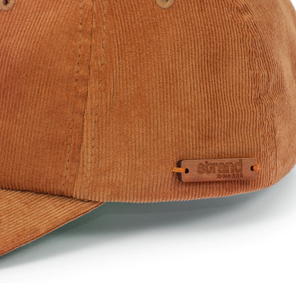 Japanese Style Cord Baseball Cap with Wooden Detail - Camel Brown