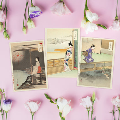 Japanese Ukiyo-e Art Postcards Set of 10 - Ogata Gekkō Japanese Woodblock Art Bijin & Flowers Ukiyo-e Prints