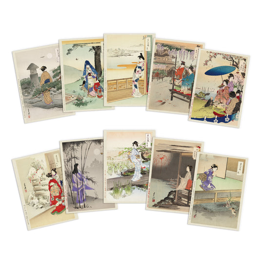 Japanese Ukiyo-e Art Postcards Set of 10 - Ogata Gekkō Japanese Woodblock Art Bijin & Flowers Ukiyo-e Prints