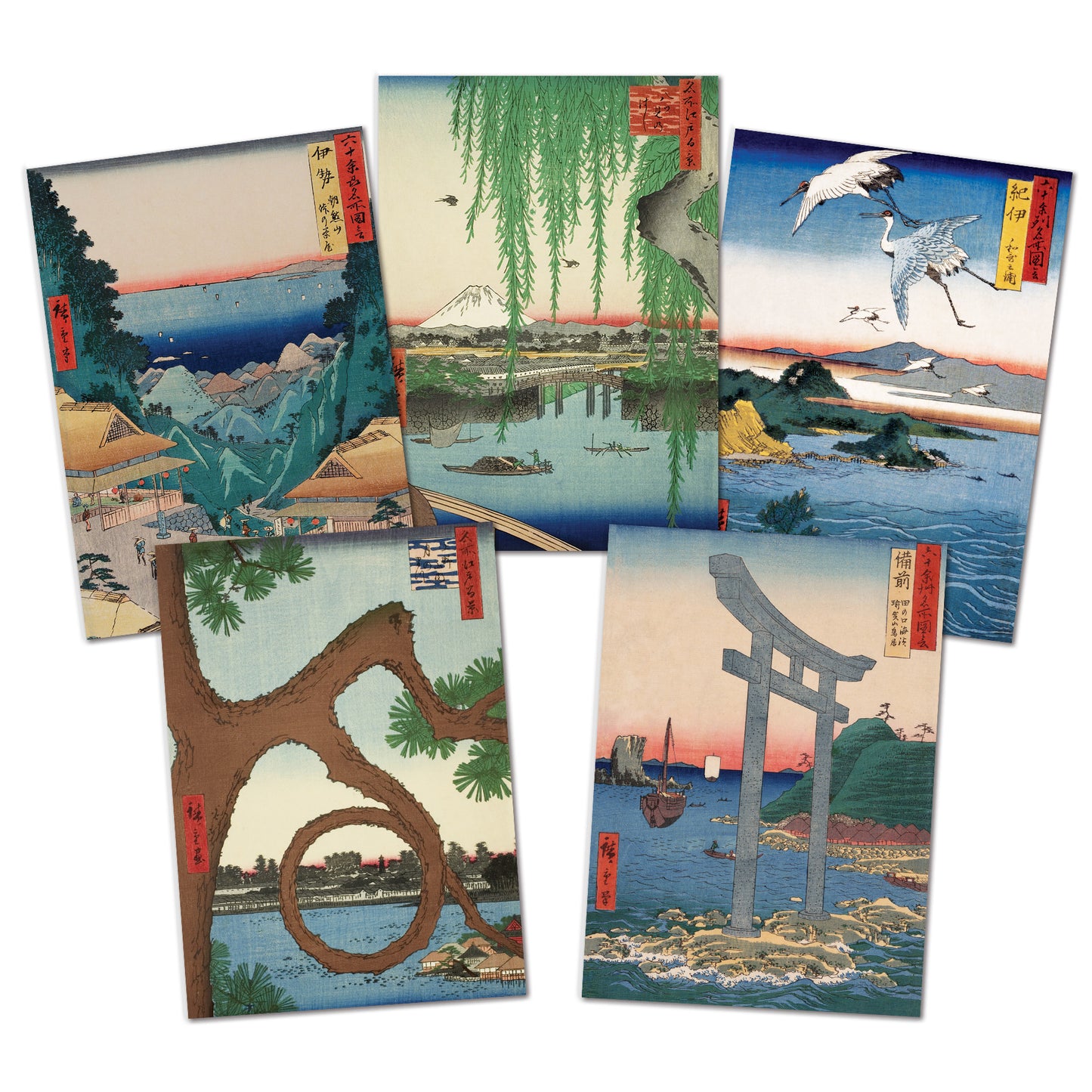 A set of five Japanese-art Greeting Cards arranged on a white background, featuring landscapes, cranes, mountains, and a torii gate in traditional woodblock illustration by Utagawa Ando Hiroshige.