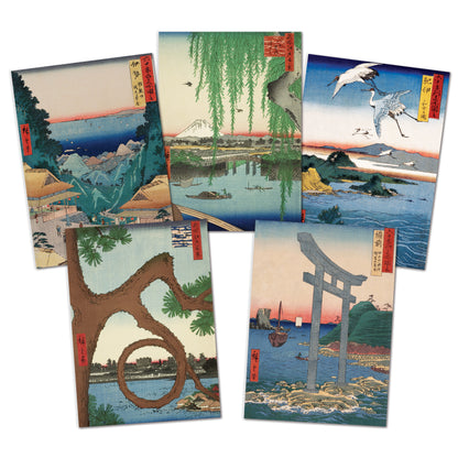 A set of five Japanese-art Greeting Cards arranged on a white background, featuring landscapes, cranes, mountains, and a torii gate in traditional woodblock illustration by Utagawa Ando Hiroshige.