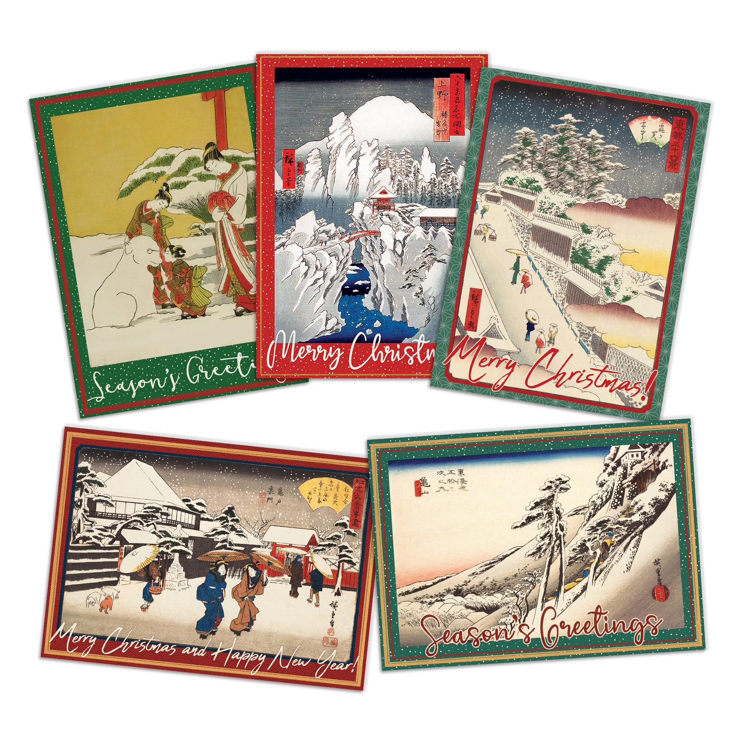 Japanese Ukiyo-e Art Christmas Greeting Cards – Set of 5 Large A5 Woodblock Print Cards with Festive Red Envelopes