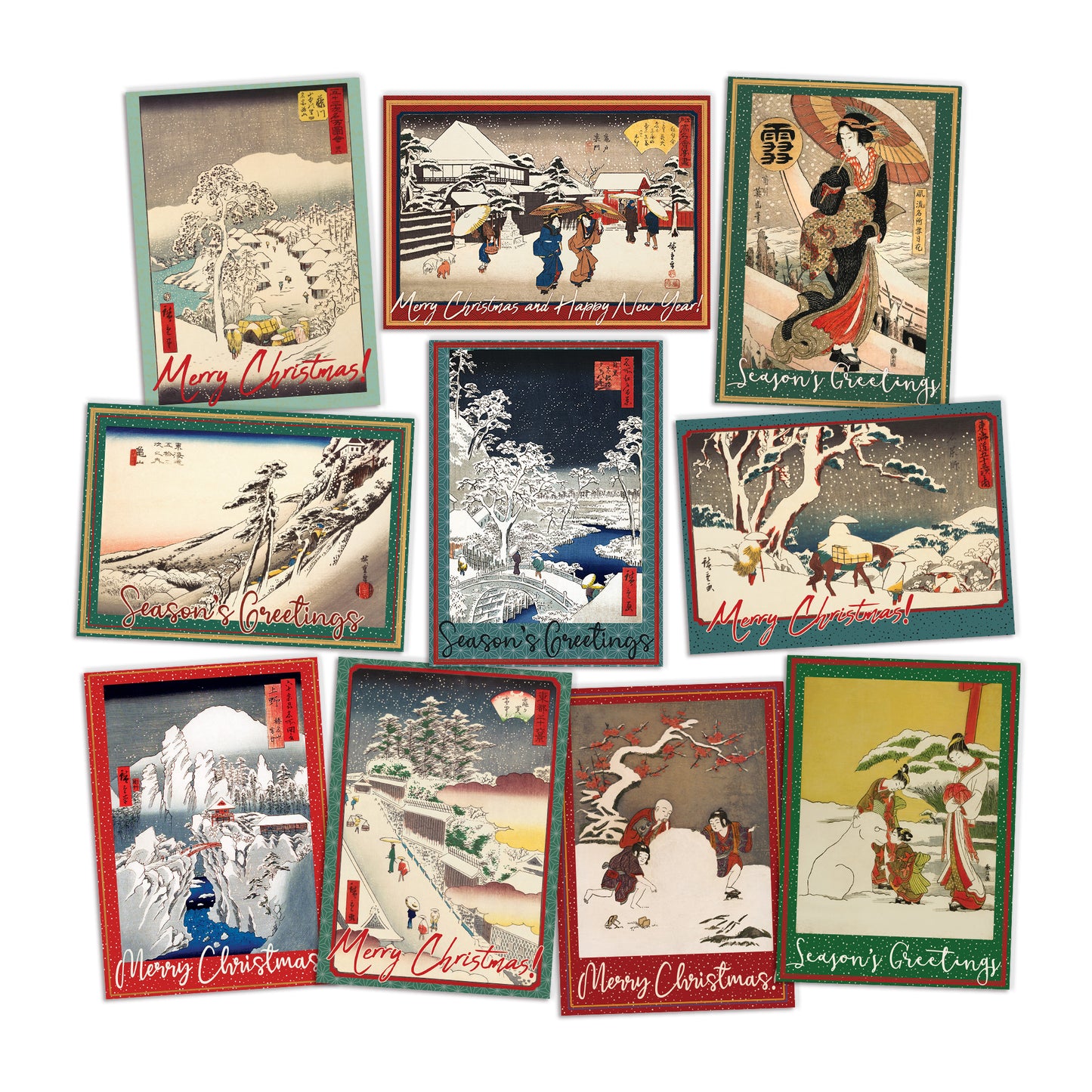 Japanese Woodblock Art Christmas Cards Set | 10 Large Luxury Cards with Envelopes
