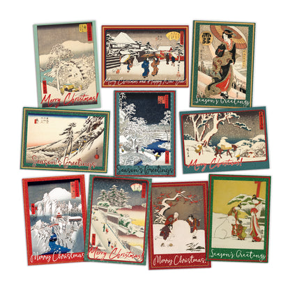 Japanese Woodblock Art Christmas Cards Set | 10 Large Luxury Cards with Envelopes