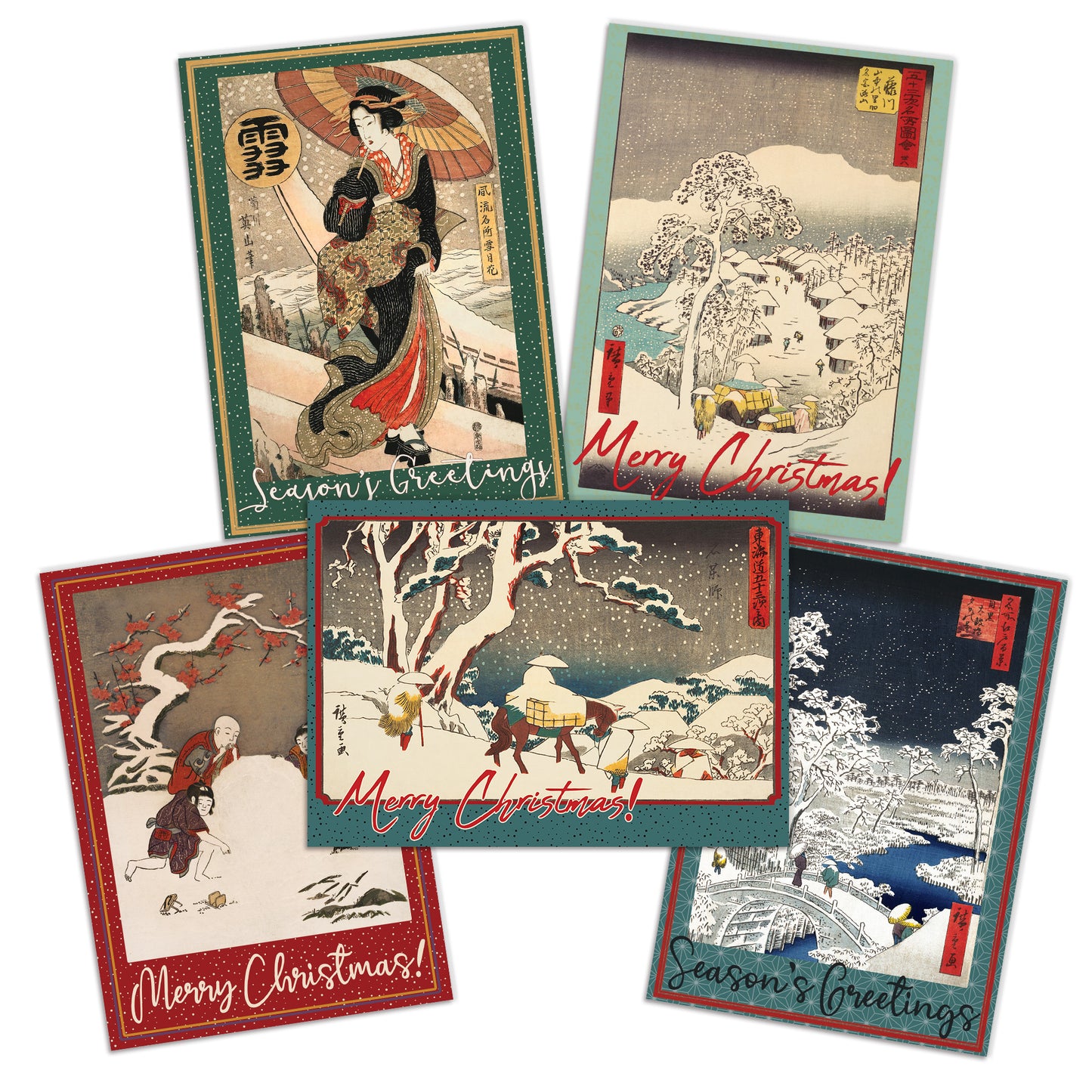 Japanese Ukiyo-e Art Christmas Greeting Cards – Set of 5 Luxury A5 Woodblock Print Cards with Festive Red Envelopes