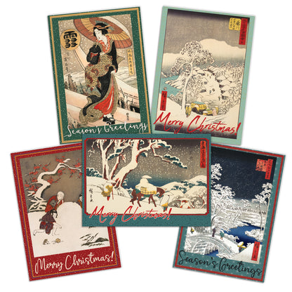 Japanese Ukiyo-e Art Christmas Greeting Cards – Set of 5 Luxury A5 Woodblock Print Cards with Festive Red Envelopes