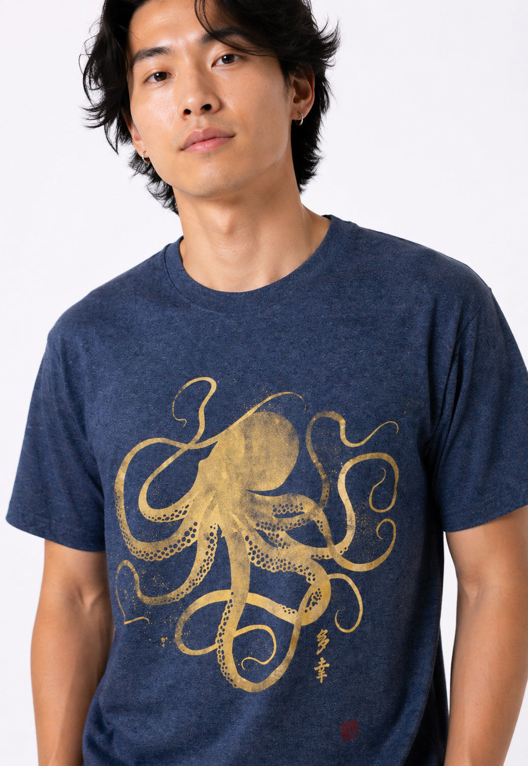 Japanese Gyotaku Octopus T-Shirt | Calligraphy Art Navy Tee