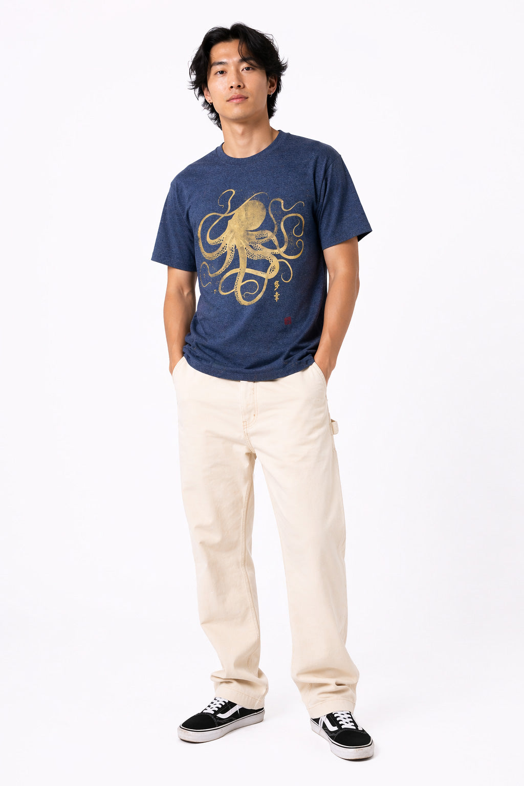 Japanese Gyotaku Octopus T-Shirt | Calligraphy Art Navy Tee