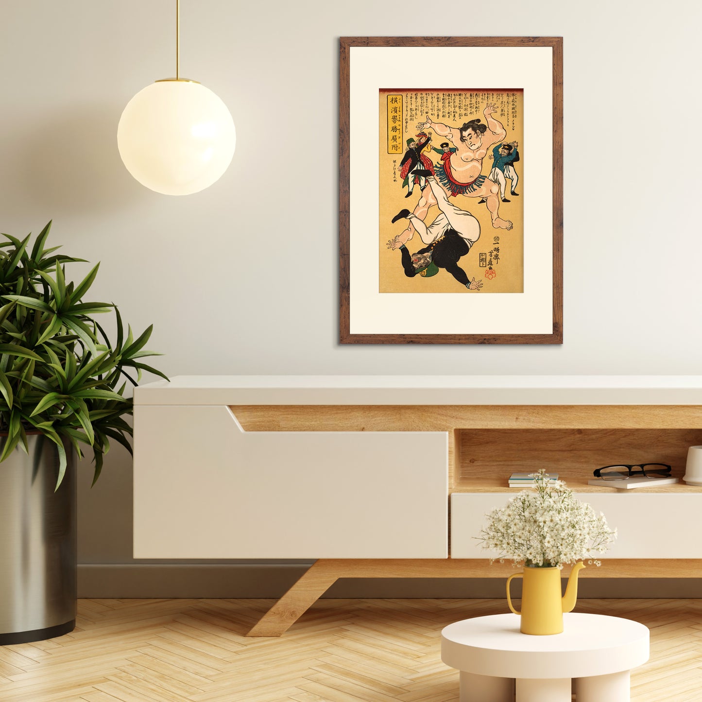 Yokohama Sumo Wrestler Defeating a Foreigner – Edo Period Ukiyo-e Japanese Woodblock Art by Utagawa Yoshifuji - Framed Art Print