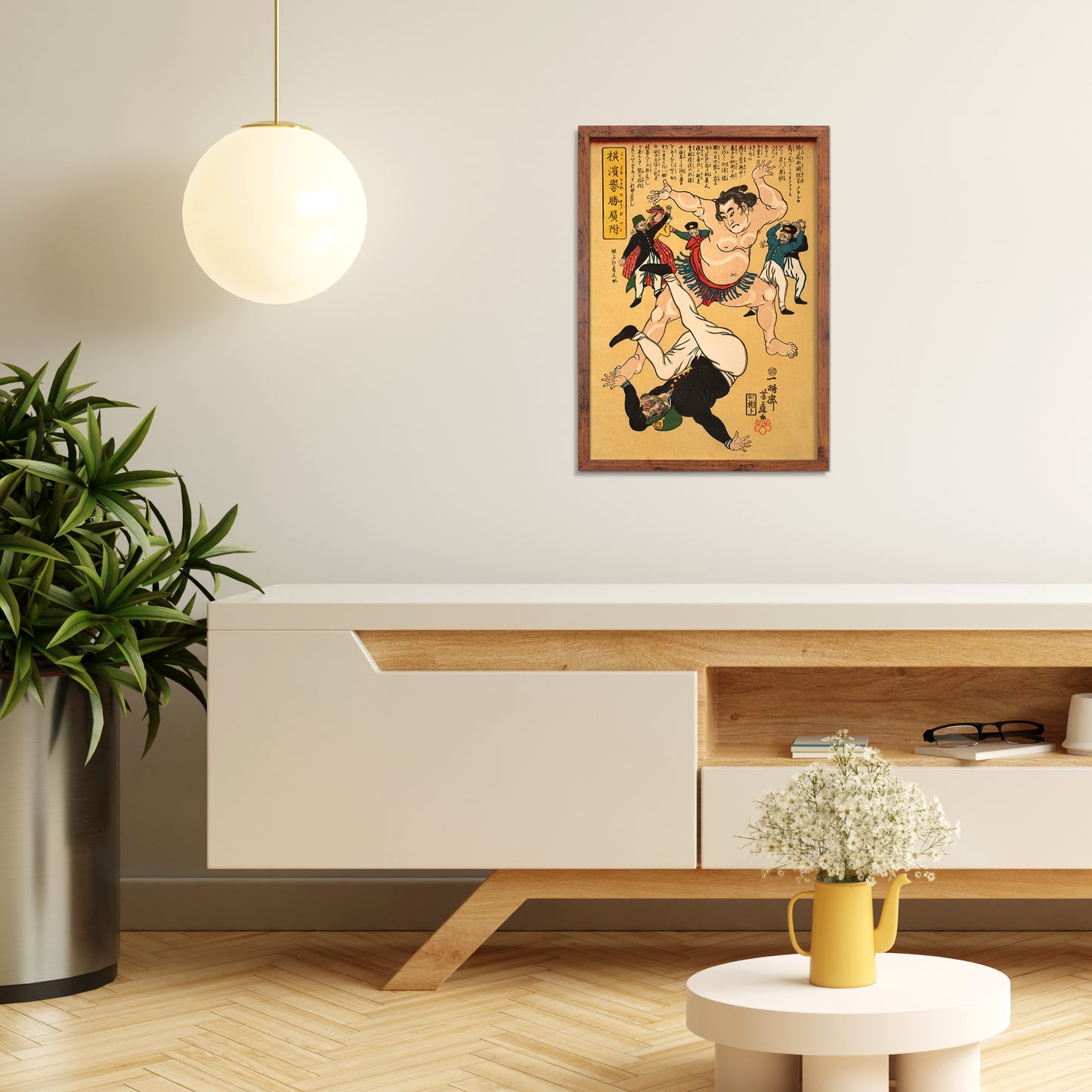 Yokohama Sumo Wrestler Defeating a Foreigner – Edo Period Ukiyo-e Japanese Woodblock Art by Utagawa Yoshifuji - Framed Art Print