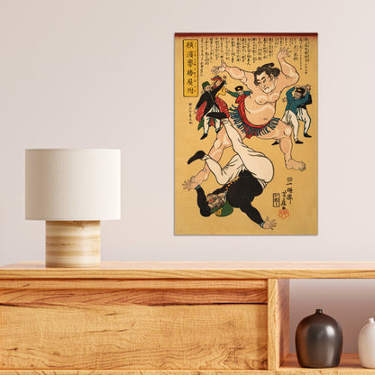 Yokohama Sumo Wrestler Defeating a Foreigner – Edo Period Ukiyo-e Japanese Woodblock Art Print by Utagawa Yoshifuji