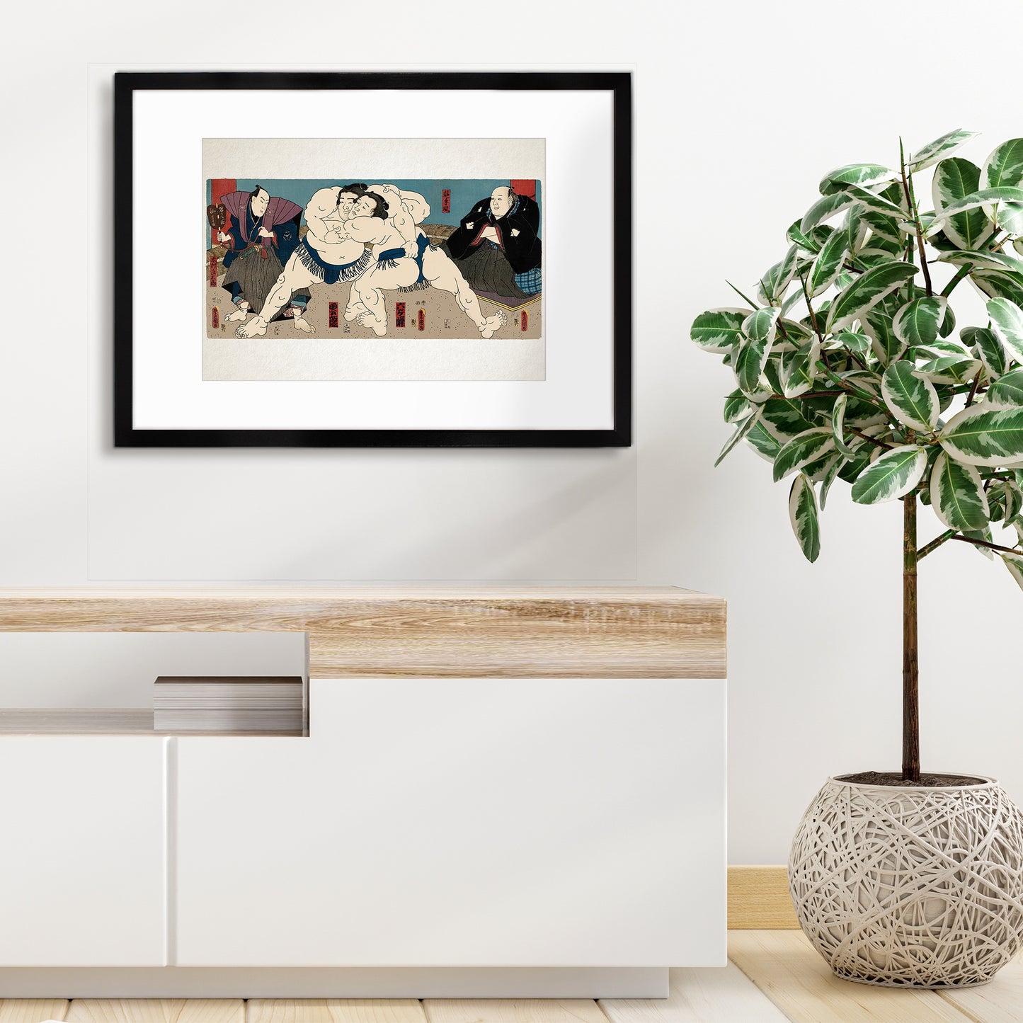 Sumo Wrestlers Ōnaruto and Nishinokai – Edo Period Ukiyo-e Japanese Woodblock Art Print by Utagawa Kuniaki II - Framed Art Print