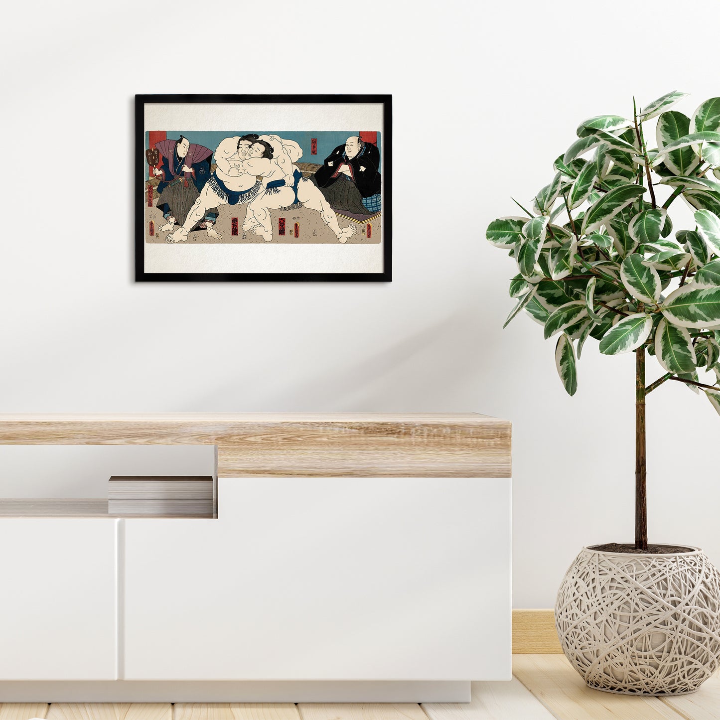 Sumo Wrestlers Ōnaruto and Nishinokai – Edo Period Ukiyo-e Japanese Woodblock Art Print by Utagawa Kuniaki II - Framed Art Print