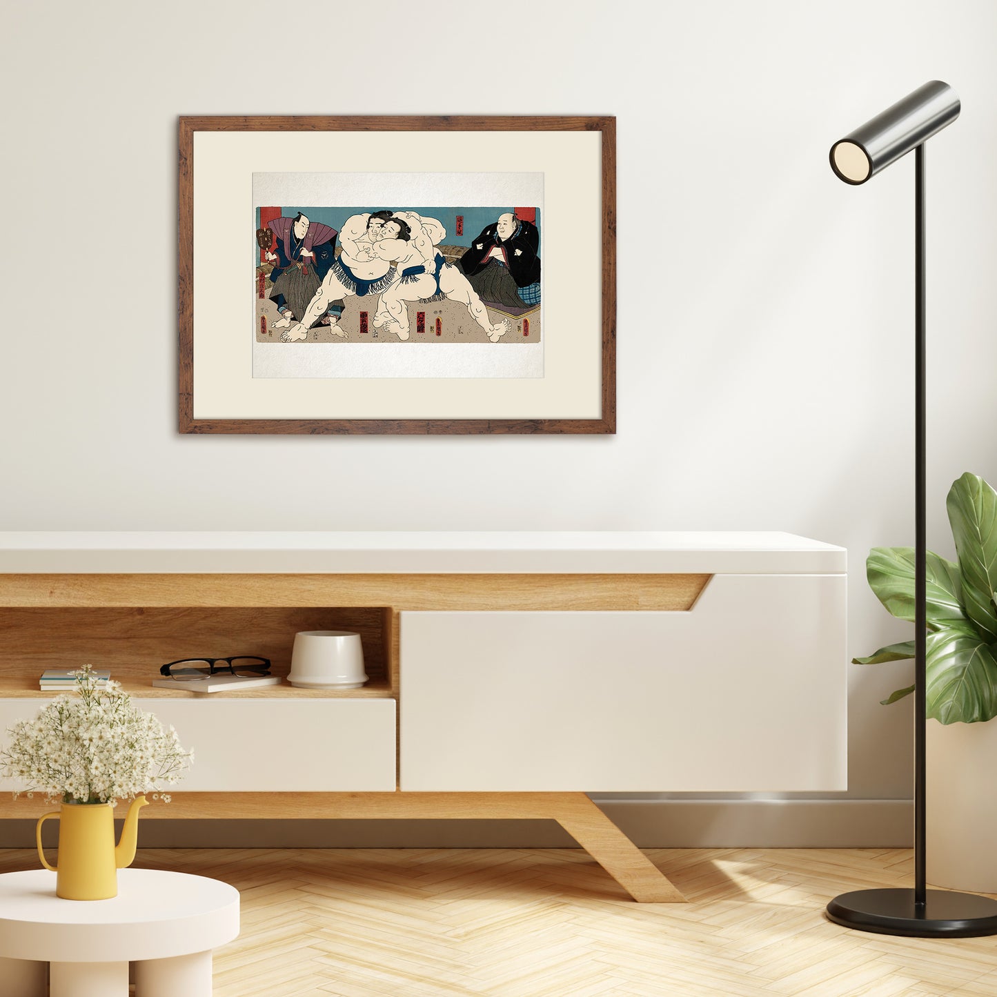 Sumo Wrestlers Ōnaruto and Nishinokai – Edo Period Ukiyo-e Japanese Woodblock Art Print by Utagawa Kuniaki II - Framed Art Print