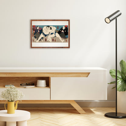 Sumo Wrestlers Ōnaruto and Nishinokai – Edo Period Ukiyo-e Japanese Woodblock Art Print by Utagawa Kuniaki II - Framed Art Print