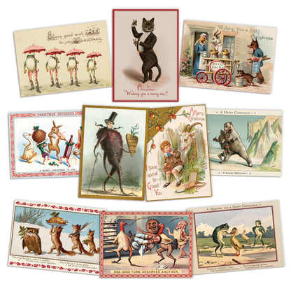 A selection of "weird Victorian" Christmas  greeting cards featuring anthropomorphic animals and holiday scenes on an off-white background.