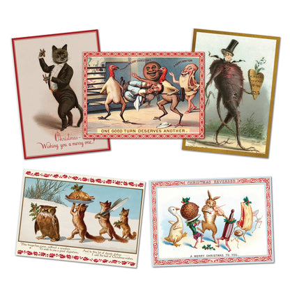A selection of  five "weird Victorian" Christmas  greeting cards arranged on a white background, featuring humorous holiday illustrations including a cat in a tuxedo, anthropomorphic turkeys, a giant posh turnip, woodland animals in winter scenes, and a rabbit with a fiddle.