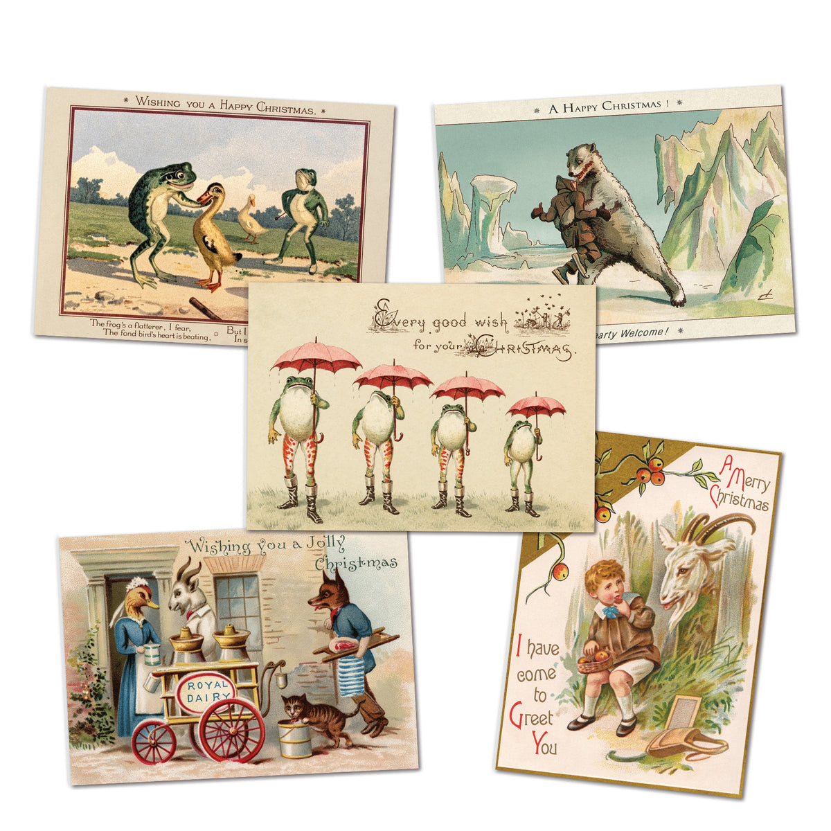 A selection of  five "weird Victorian" Christmas  greeting cards featuring whimsical illustrations, including frogs, a polar bear, anthropomorphic farm animals, and a boy reading under a tree with a goat coming our to greet him.