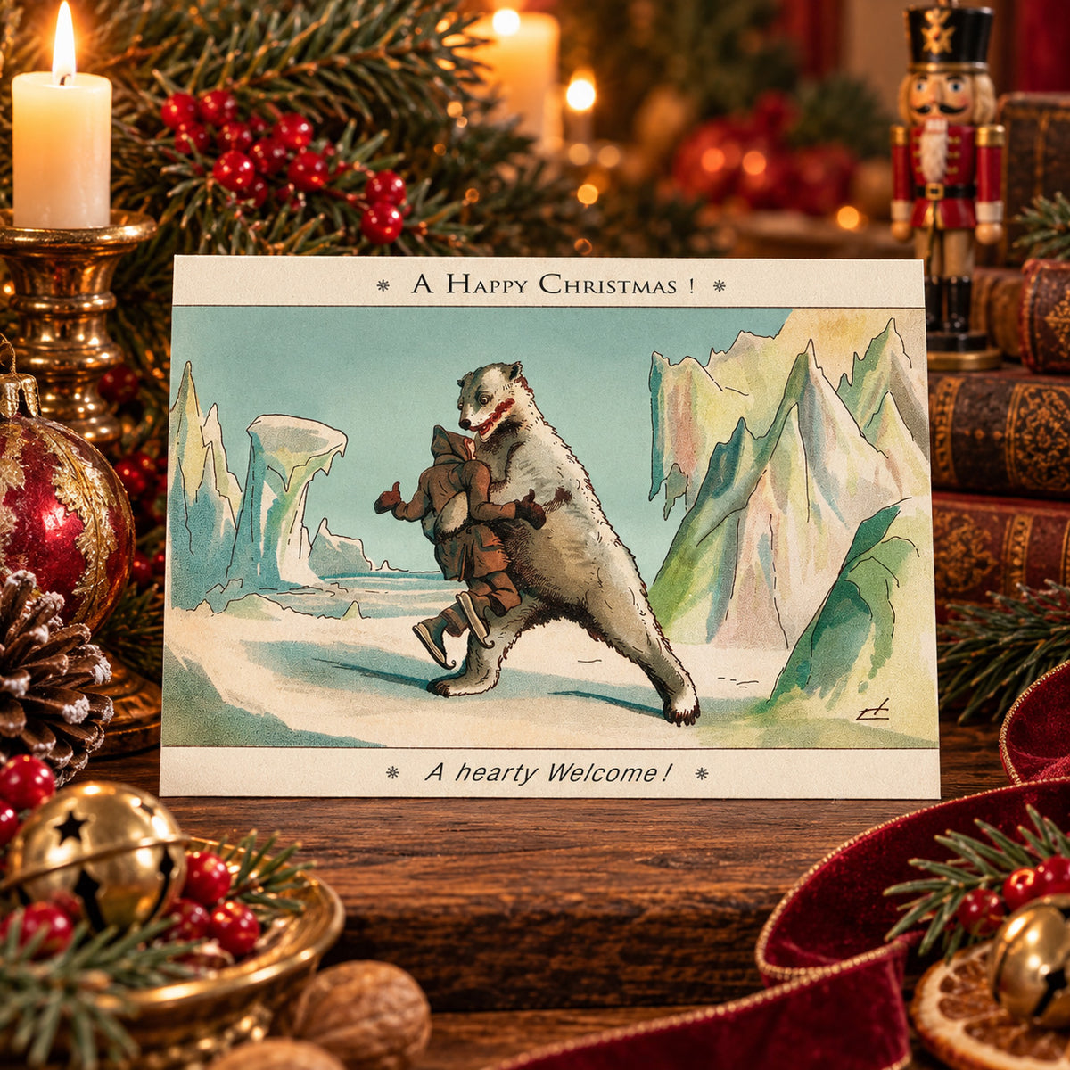 A "weird Victorian" Christmas greeting card displayed on a wooden table surrounded by holiday decorations, including candles, ornaments, pine branches, and a nutcracker. The card features an illustration of a polar bear grabbing a startled man, with the text 'A Happy Christmas!' at the top and 'A hearty Welcome!' at the bottom.