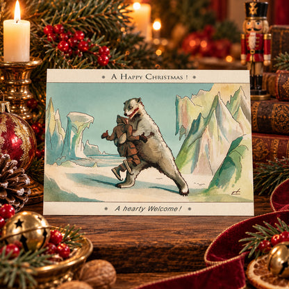A "weird Victorian" Christmas greeting card displayed on a wooden table surrounded by holiday decorations, including candles, ornaments, pine branches, and a nutcracker. The card features an illustration of a polar bear grabbing a startled man, with the text 'A Happy Christmas!' at the top and 'A hearty Welcome!' at the bottom.