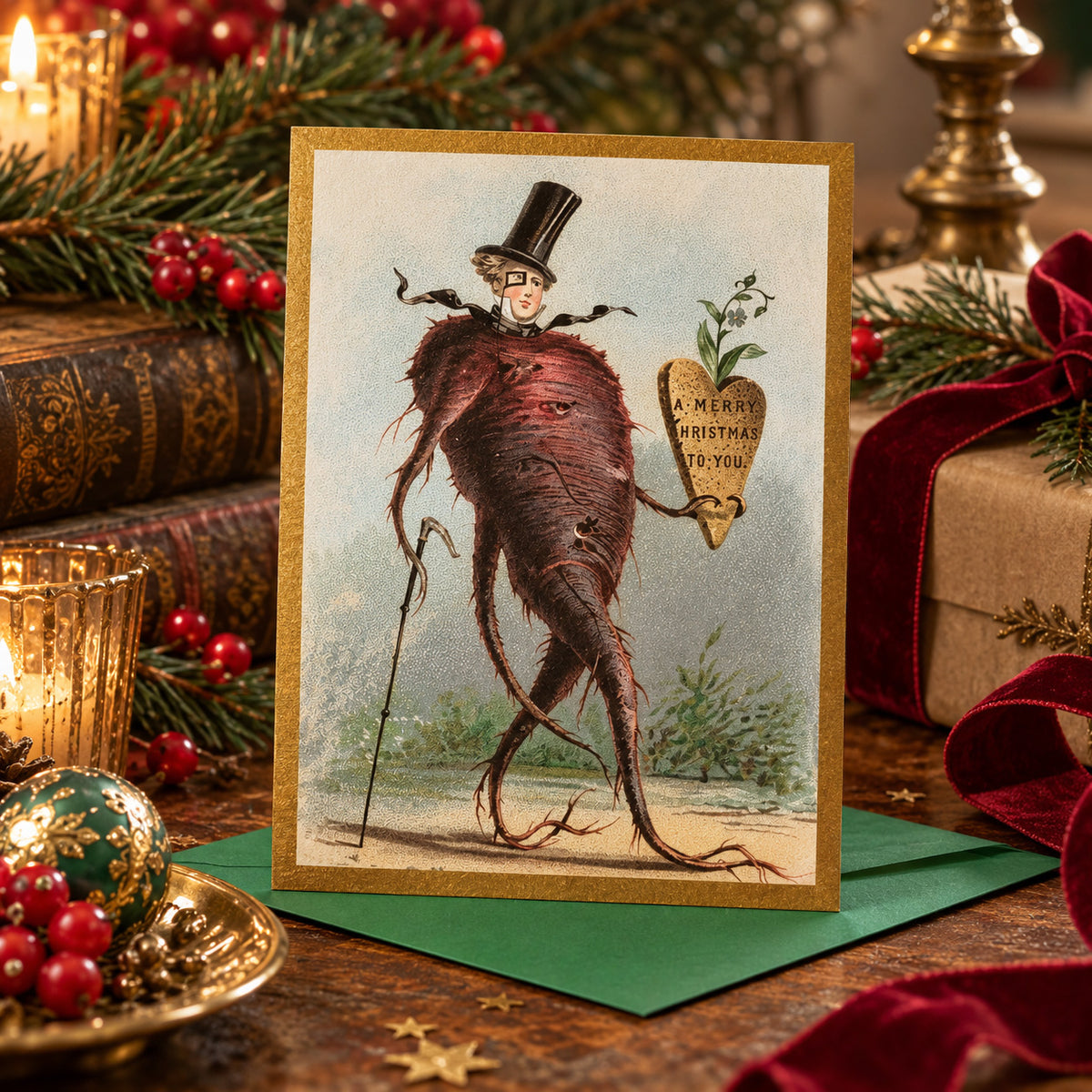 A vintage-style "weird Victorian" Christmas greeting card featuring a parsnip or a turnip character in a top hat holding a heart-shaped message, displayed on a green envelope with holiday decorations including candles, books, pine branches, and wrapped gifts around it.
