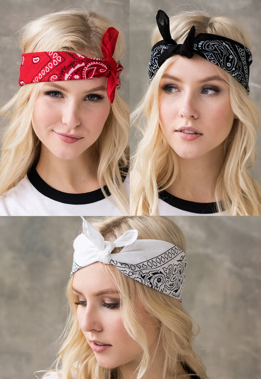 Set of 3 Bandanas – Classic Red, Black & White Paisley Print