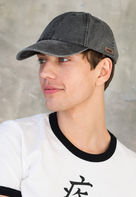 Washed Cotton Baseball Cap with Ultrasuede Patch - Distressed Grey