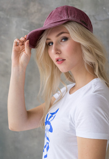 Washed Cotton Baseball Cap with Ultrasuede Patch - Distressed Red