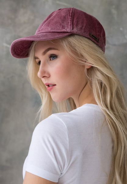 Washed Cotton Baseball Cap with Ultrasuede Patch - Distressed Red