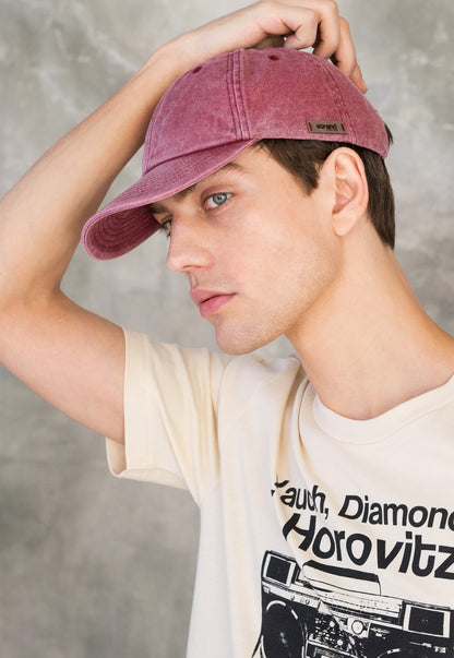 Washed Cotton Baseball Cap with Ultrasuede Patch - Distressed Red