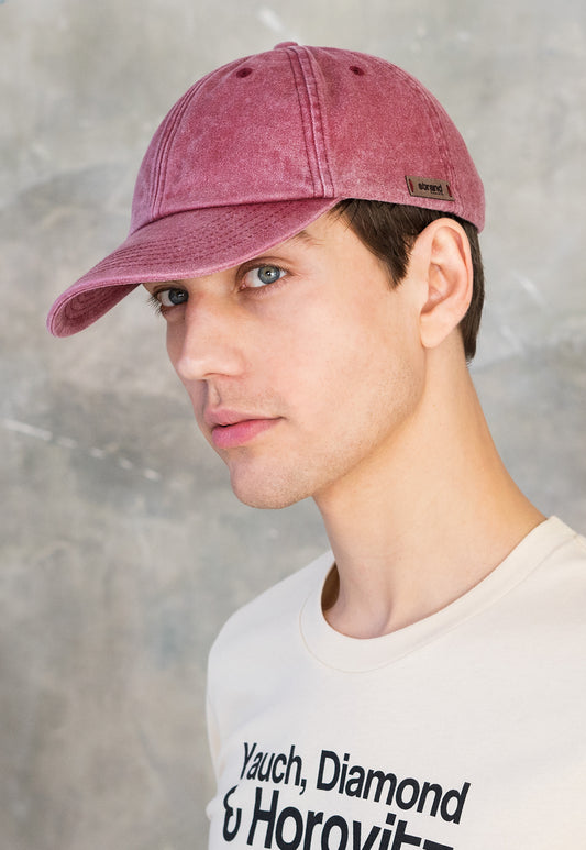 Washed Cotton Baseball Cap with Ultrasuede Patch - Distressed Red