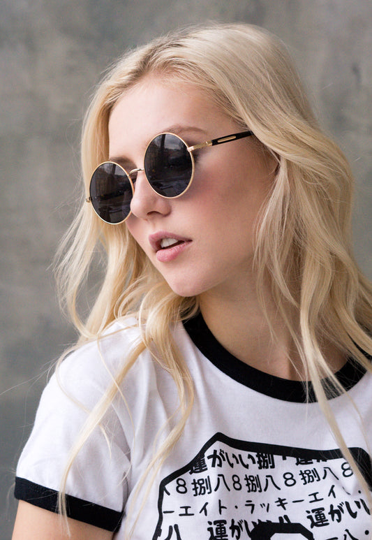 Black Round Sunglasses with Gold Frame – Retro Lennon Style