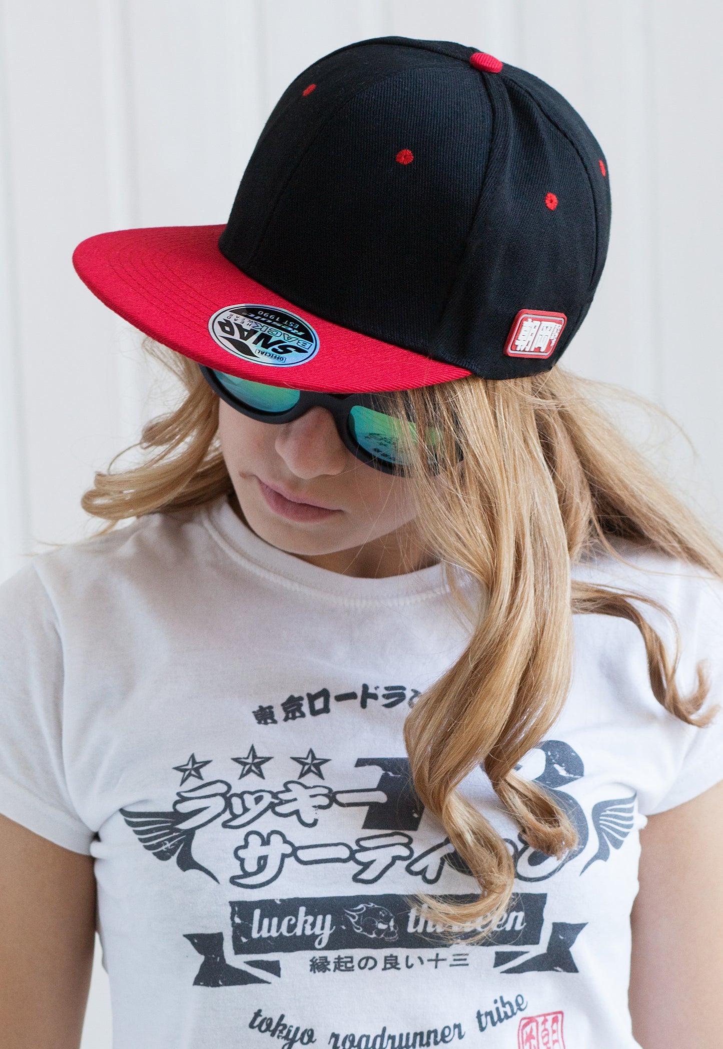 Snapback Baseball Cap with Japanese Applique – Black with Contrast Red Peak