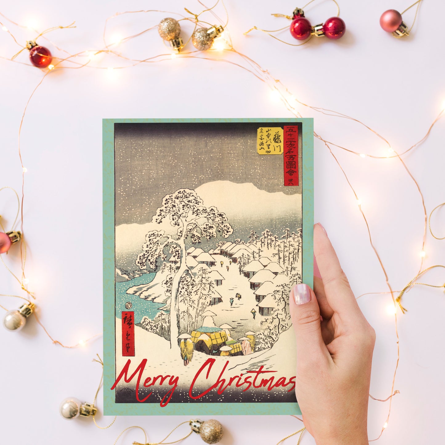 Japanese Ukiyo-e Art Christmas Greeting Cards – Set of 5 Luxury A5 Woodblock Print Cards with Festive Red Envelopes