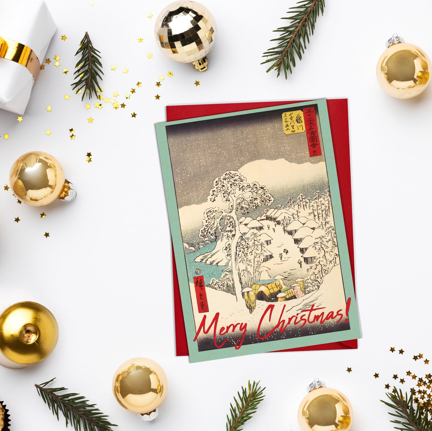 Japanese Ukiyo-e Art Christmas Greeting Cards – Set of 5 Luxury A5 Woodblock Print Cards with Festive Red Envelopes