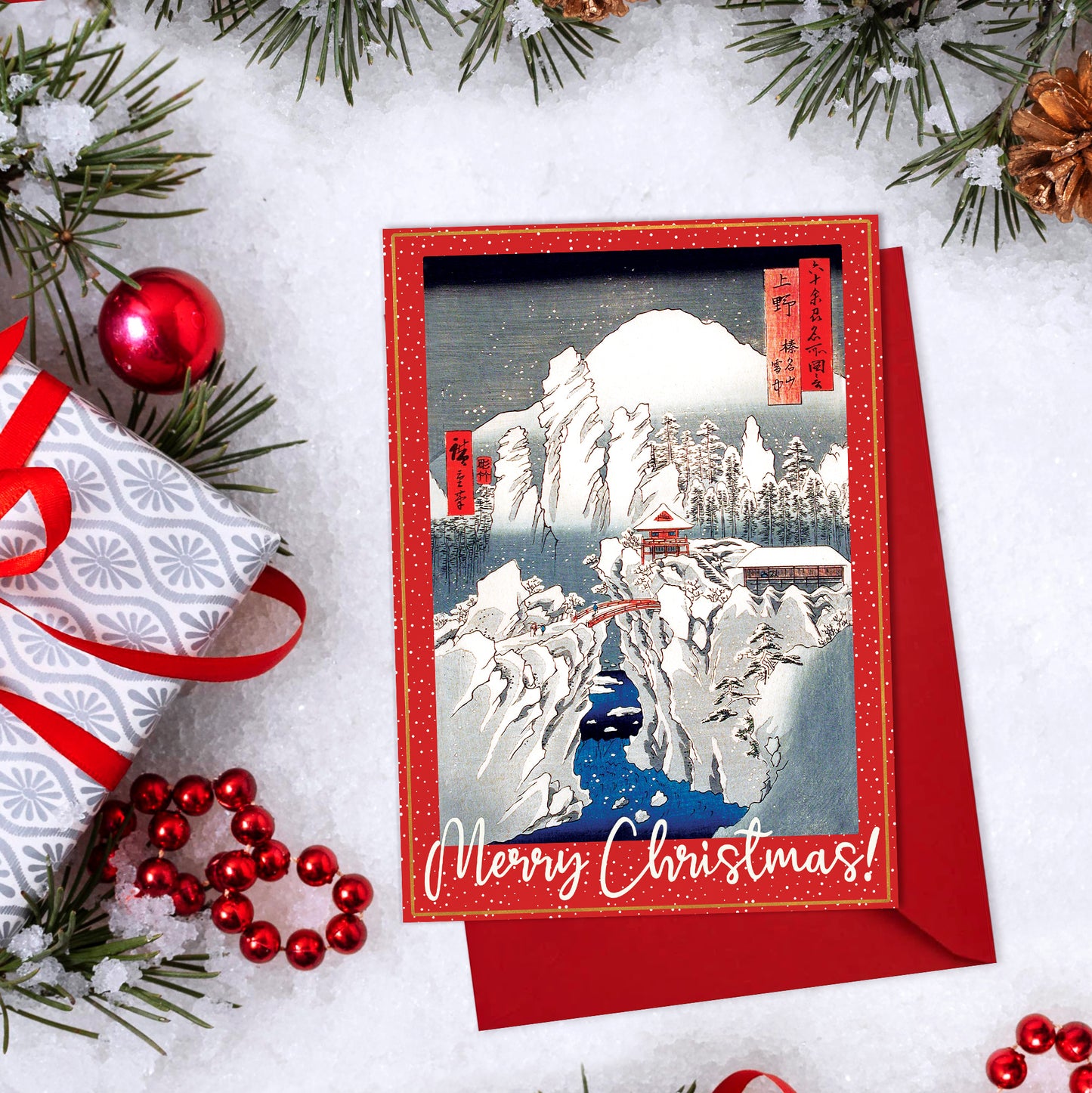Japanese Ukiyo-e Art Christmas Greeting Cards – Set of 5 Large A5 Woodblock Print Cards with Festive Red Envelopes