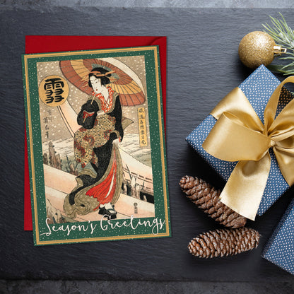 Japanese Ukiyo-e Art Christmas Greeting Cards – Set of 5 Luxury A5 Woodblock Print Cards with Festive Red Envelopes