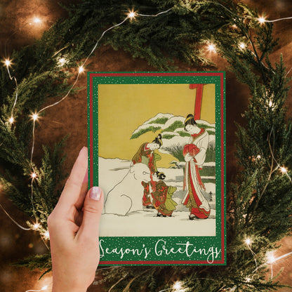 Japanese Ukiyo-e Art Christmas Greeting Cards – Set of 5 Large A5 Woodblock Print Cards with Festive Red Envelopes