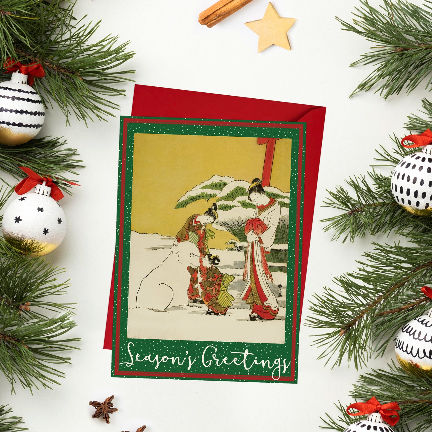 Japanese Ukiyo-e Art Christmas Greeting Cards – Set of 5 Large A5 Woodblock Print Cards with Festive Red Envelopes