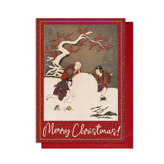 “Three Boys Making a Snowman” by Suzuki Harunobu – Japanese Ukiyo-e Christmas Greeting Card – Large A5 Woodblock Art Card with Envelope
