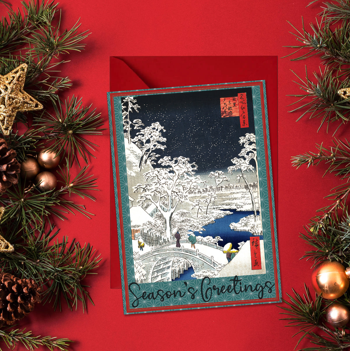 Japanese Ukiyo-e Christmas Greeting Cards with Seasonal Greetings – Set of 10