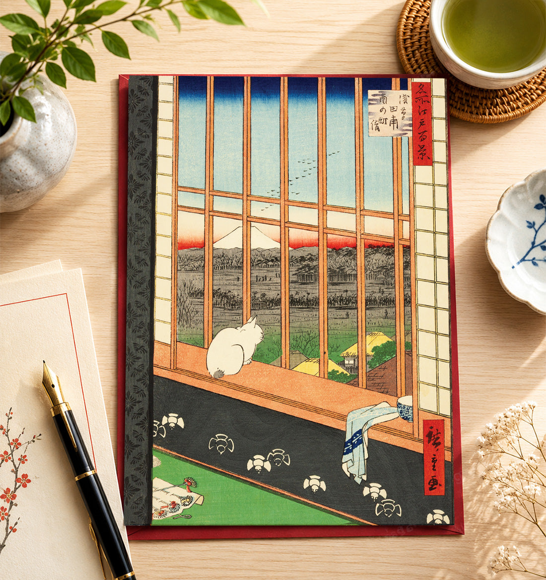 Japanese art Greeting card featuring "Asakusa Rice Fields and the Torinomachi Festival" (浅草田圃酉の町詣 / Asakusa Tanbo Torinomachi Mōde), 1857
by Utagawa Hiroshige (1797–1858), from the series One Hundred Famous Views of Edo.
