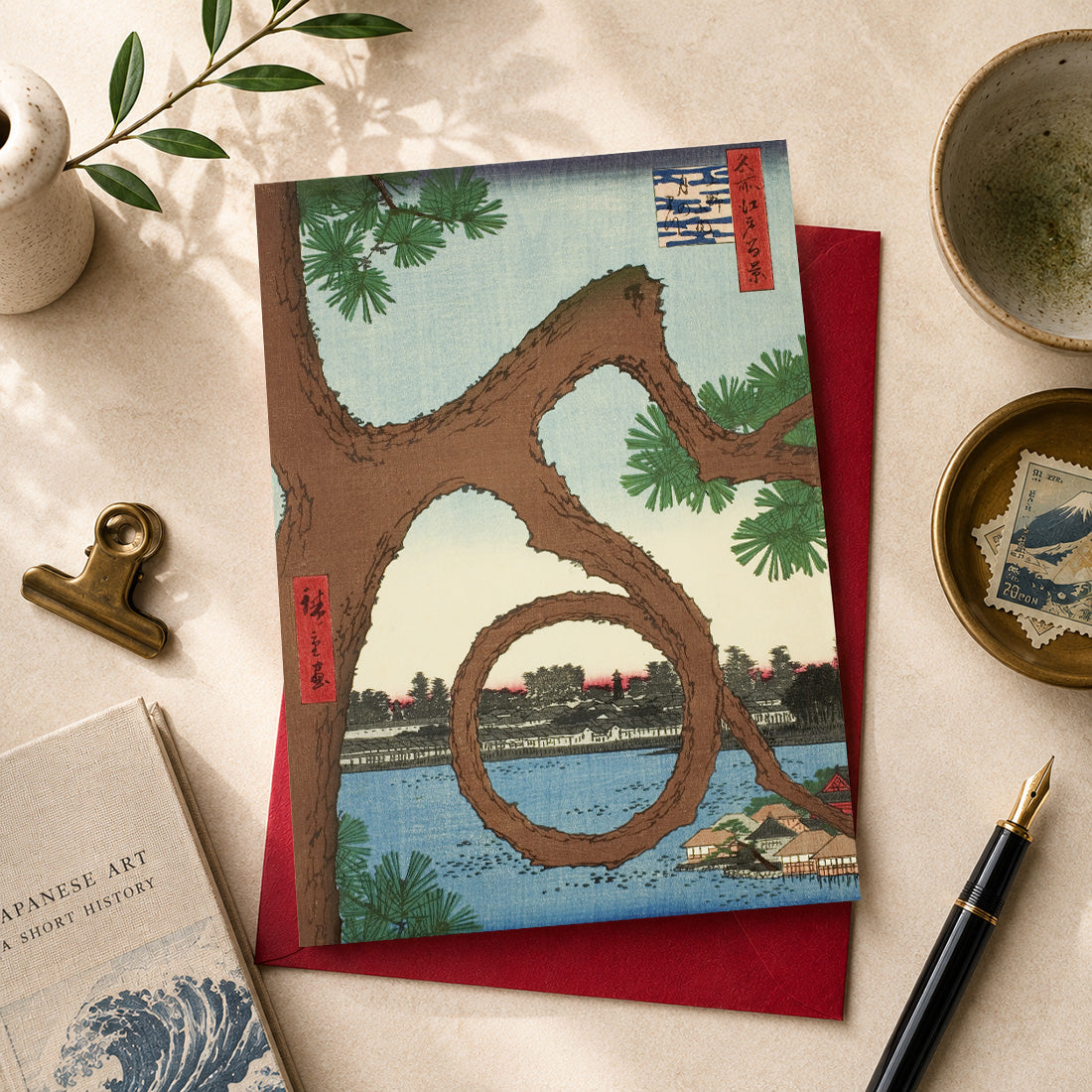 Japanese art card featuring “The Moon Pine at Ueno” (上野山内月のまつ / Ueno Sannai Tsuki no Matsu), 1857
by Utagawa Hiroshige (1797–1858), from the series One Hundred Famous Views of Edo.