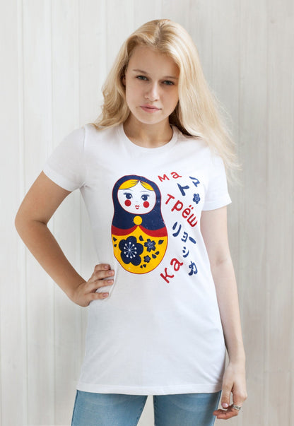 Japanese T Shirt Sakura Matryoshka Japan Kawaii Russian Doll Dolls Hiragana Kanji Cyrillic Fashion Cute Happy Yoga Printed Women's T-Shirt