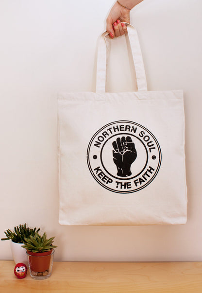 Northern Soul Tote Bag Keep The Faith Fist Logo Cotton Canvas Shopper Screen Printed Eco Friendly Market Retro Vintage Mod 60s 70s Music Rad