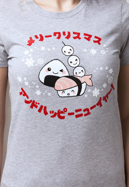 Japanese T Shirt Kawaii Sushi Christmas Party Japan Writing Kanji Anime Manga Holiday Kawaii Clothing Xmas Printed Ladies Girls Women's Tee