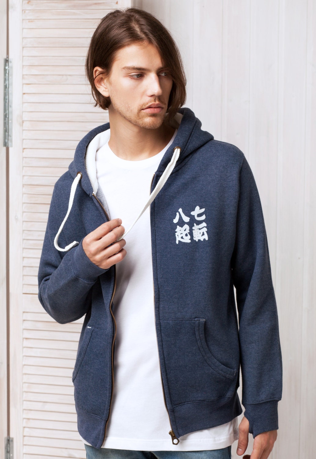 Japanese Zip Hoodie Shichiten Hakki/ Nanakorobi Yaoki - Calligraphy Positive Motivational Jumper with Thumb Hole Cuffs Sweatshirt Hooded Top