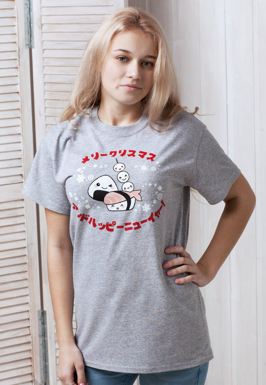 Japanese T Shirt Kawaii Sushi Christmas Party Japan Anime Manga New Year Xmas Cute Gift Snowflake Santa Mens Womens Graphic Printed Tee Top