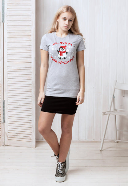 Japanese T Shirt Kawaii Christmas Penguin Japan Writing Anime Manga Holiday Xmas Cute Aesthetic Adorable Printed Girls Women's Tee T-Shirt